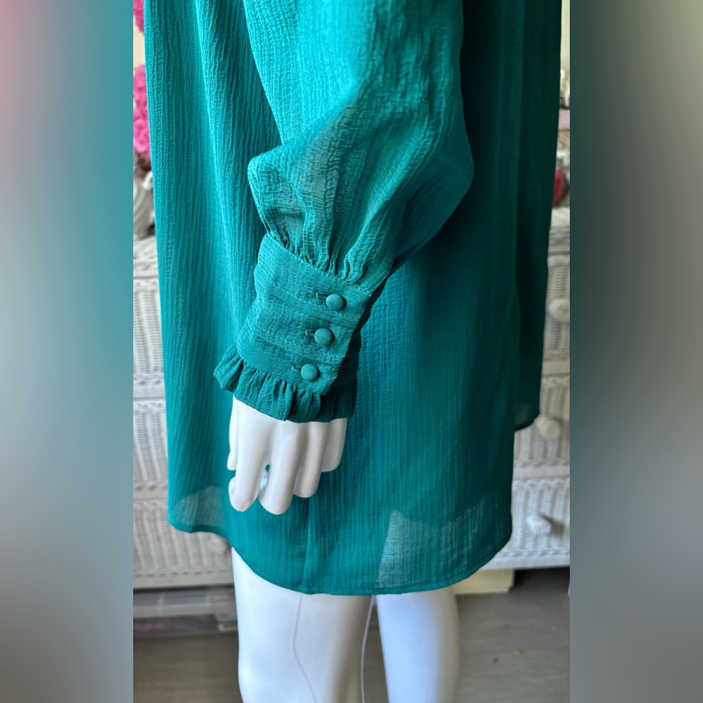 Sezane Rita Mini Dress Ruffled Pleated Oversized Emerald Green EU Size 40 = US 8 - Picture 6 of 11